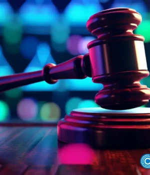 crypto-news-the-judges-gavel-on-the-table-blurry-blockchain-pyramid-background-neon-colors-low-poly.webp
