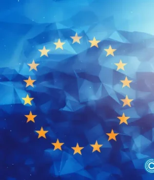 crypto-news-European-Union-Flag-blockchain-world-background-bright-tones-low-poly-style02.webp