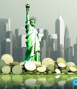 crypto-news-white-and-light-green-coins-down-New-York-background-low-poly-style.webp